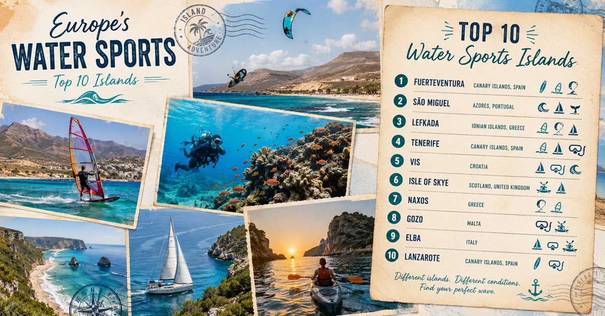 Postcard-style illustration of Europe's leading islands for water sports with a top 10 ranking graphic.