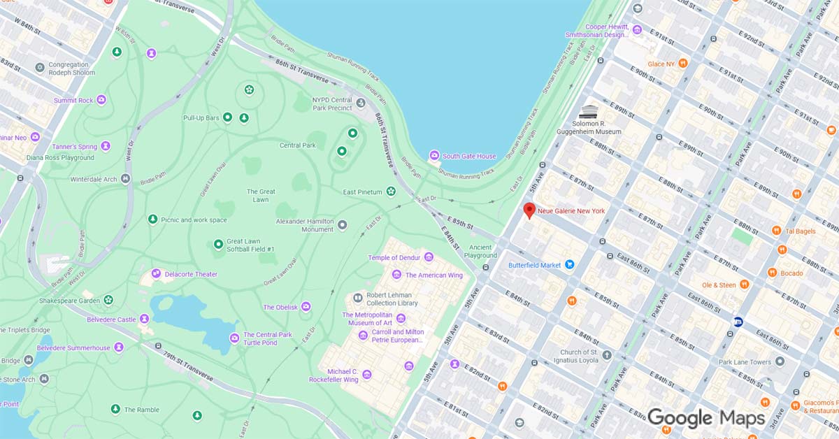 Map showing Neue Galerie New York on Fifth Avenue near Central Park in Manhattan.