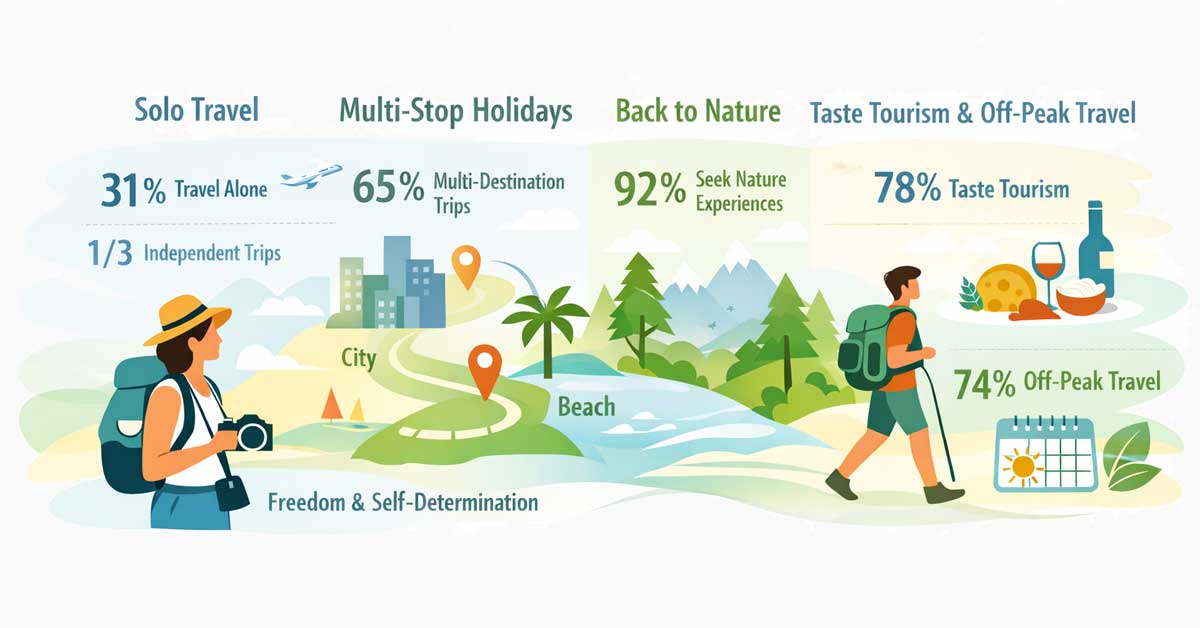 Infographic illustrating travel trends in Austria for 2026 with icons and percentages.