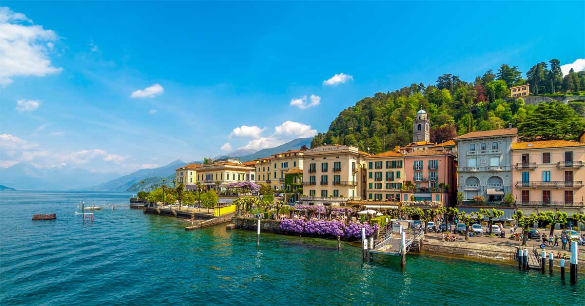 Lake Como waterfront with Bellagio and mountains in northern Italy