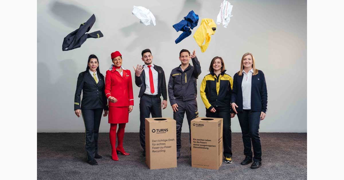 Employees from Austrian transport companies presenting a uniform recycling project with workwear in motion