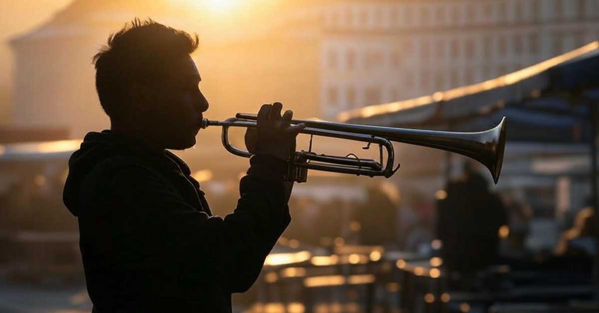 AI-generated street photography scene captures the silhouette of a trumpet player at Vienna's Karmeliter Markt in the early evening, created by Fashion.at with Grok