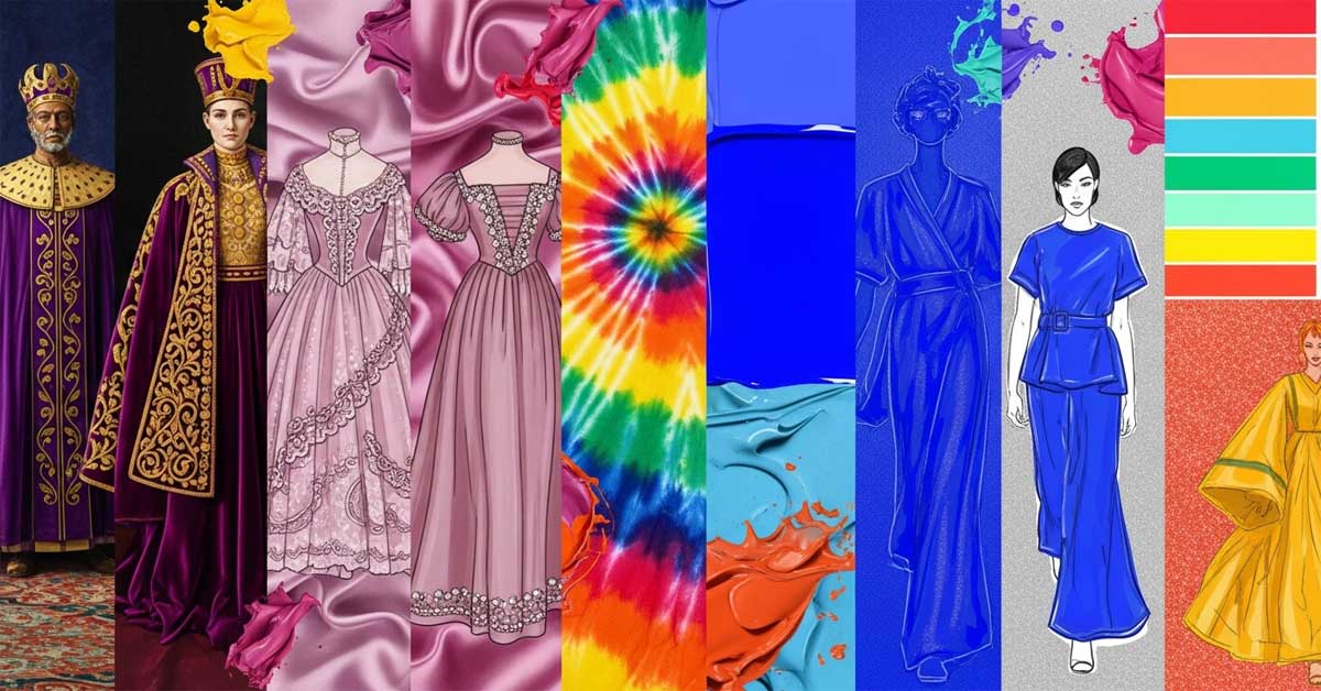 Vivid collage of fashion color history: royal purple, Victorian mauve, 60s tie-dye, Yves Klein blue, and modern swatches. Blends sketches, paint, and fabric.