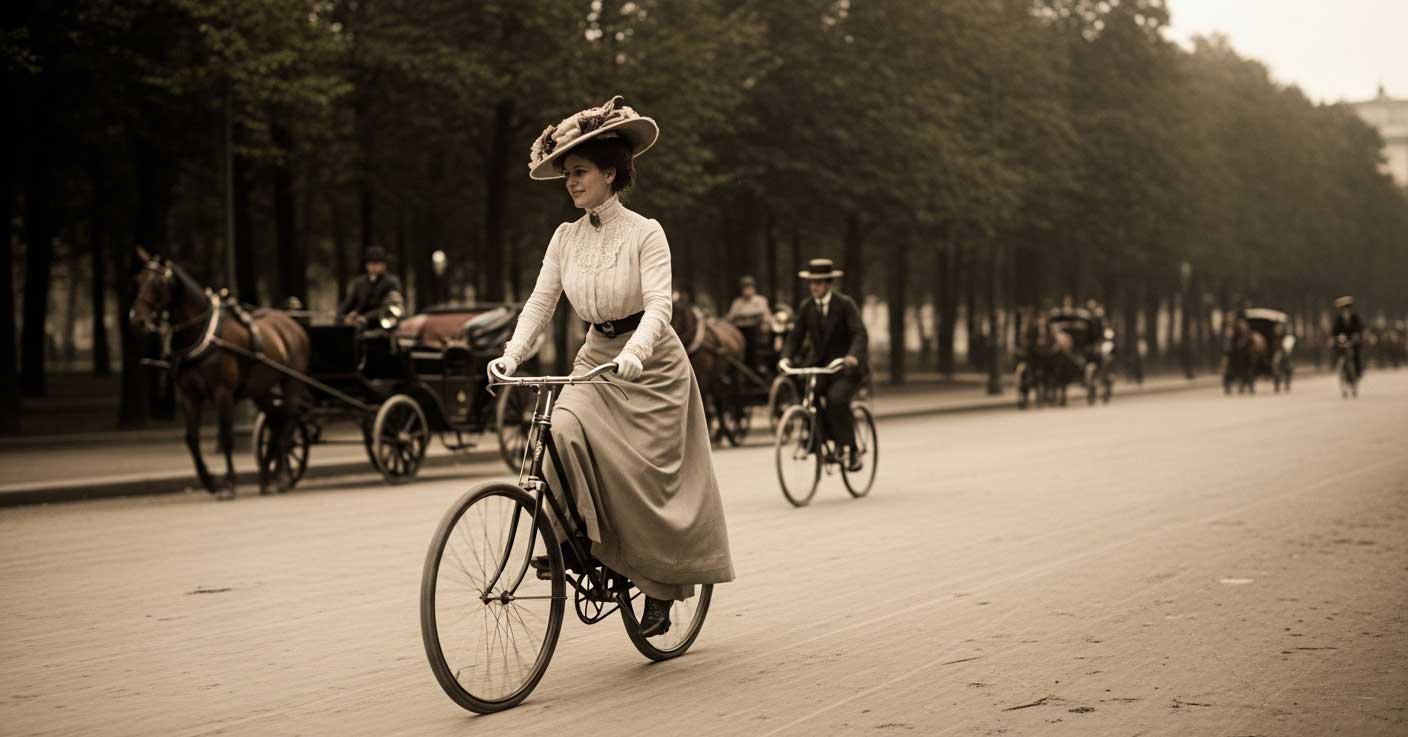 Vintage sepia photo of a woman in Edwardian clothing riding a bicycle down a busy tree-lined street.