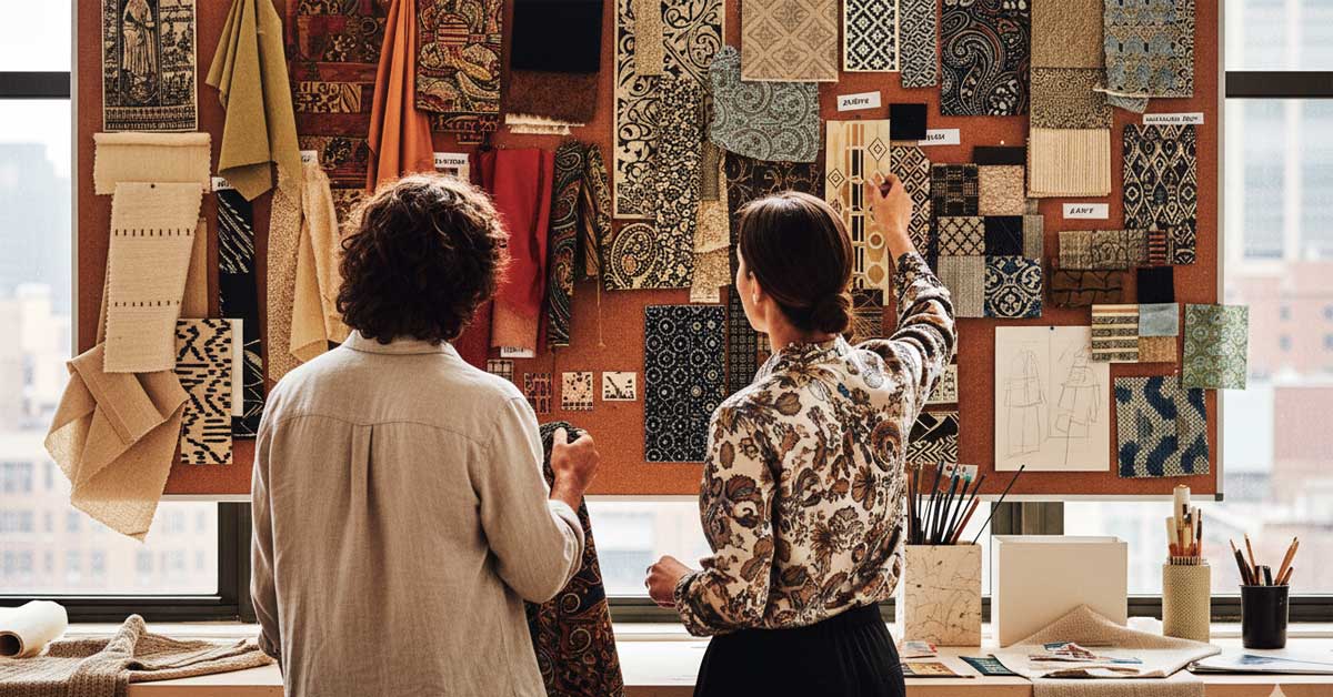 Two designers collaborate in a studio, arranging fabric swatches and patterns on a large corkboard display.