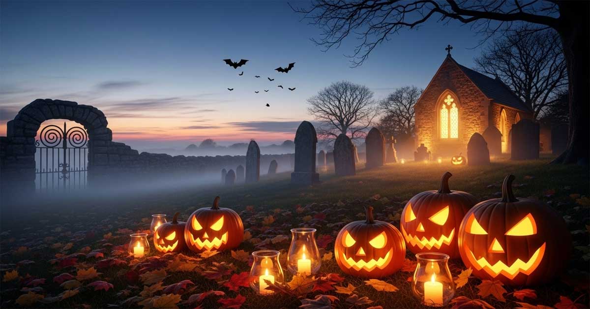 Halloween graveyard at dusk with jack-o'-lanterns, candles, church, and bats.