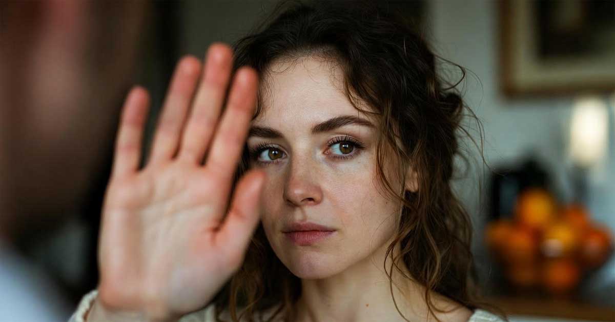 Woman in bright home raises hand to stop aggressor; bowl of oranges in background. Symbol of domestic violence for 25 Nov awareness.
