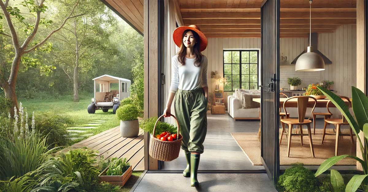 AI-generated image of a woman in a garden house.