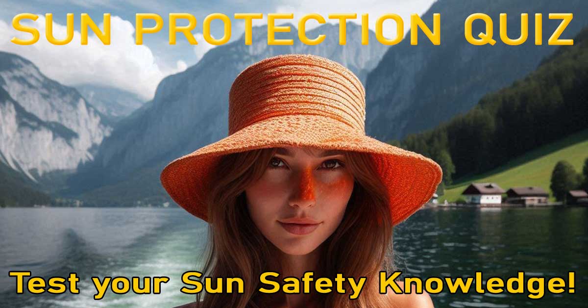 The image features an AI-generated depiction of a woman wearing an orange sun-protective hat while steering a motorboat on a lake in Austria. The bright lighting and reflective water highlight the importance of UV protection in outdoor settings. This visual was created by Fashion.at in collaboration with Copilot.