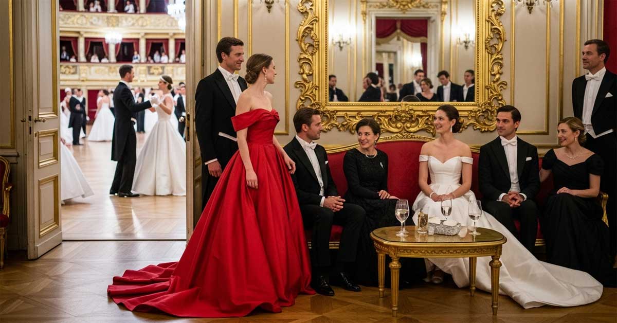 Viennese ball guests in formal wear with waltzing dancers visible in the background.