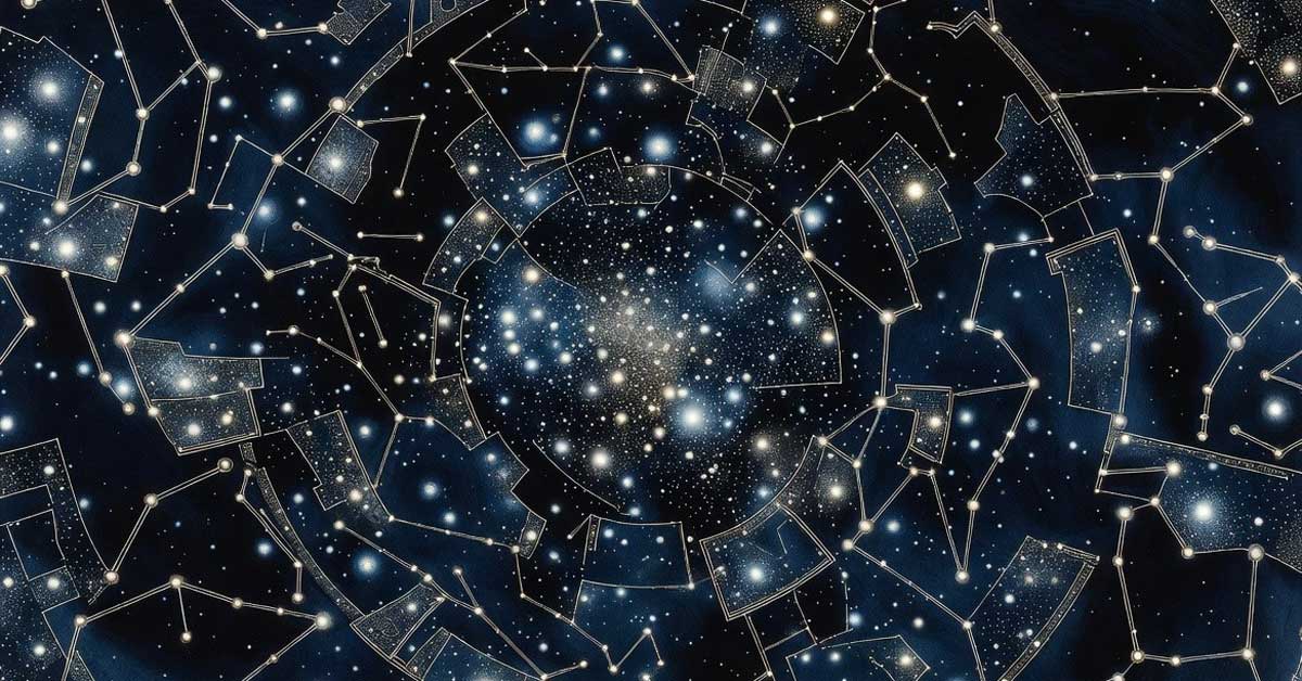 Abstract swirling constellation map with golden lines on starry night sky.