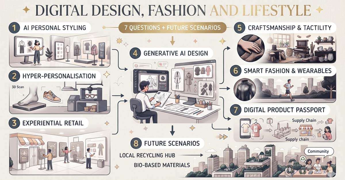 Infographic on digital fashion tech, with a central exec and 7 panels on innovation.