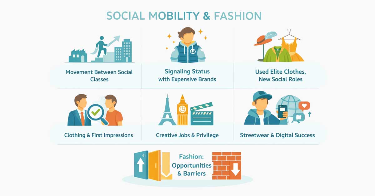 Infographic on social mobility and fashion with icons showing class movement, brands, clothing, creative work, and digital success.