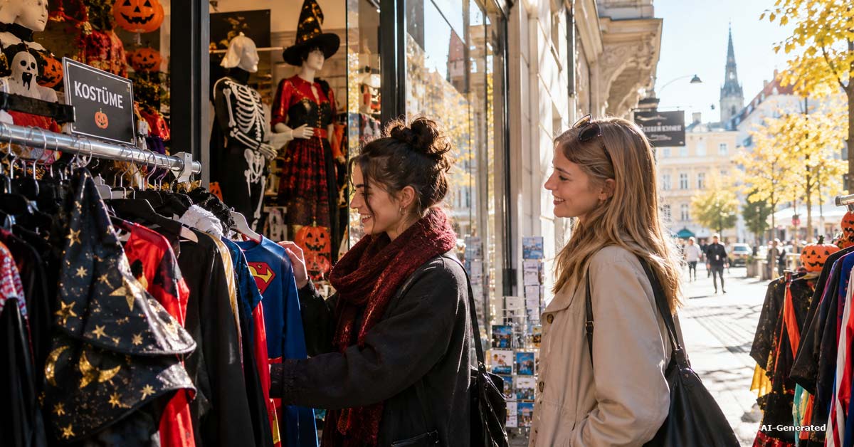 Two women choosing Halloween costumes in a Vienna shop on a sunny autumn afternoon.