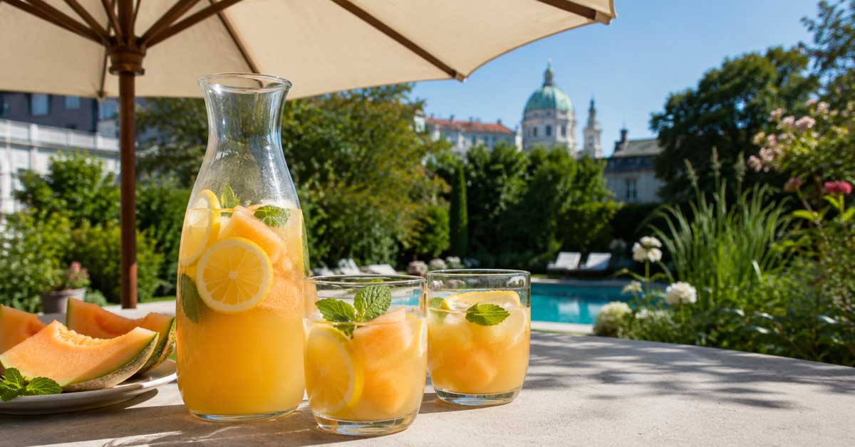 Melon, lemon and sparkling water served in a glass carafe with two glasses beside a pool on a hot summer day.