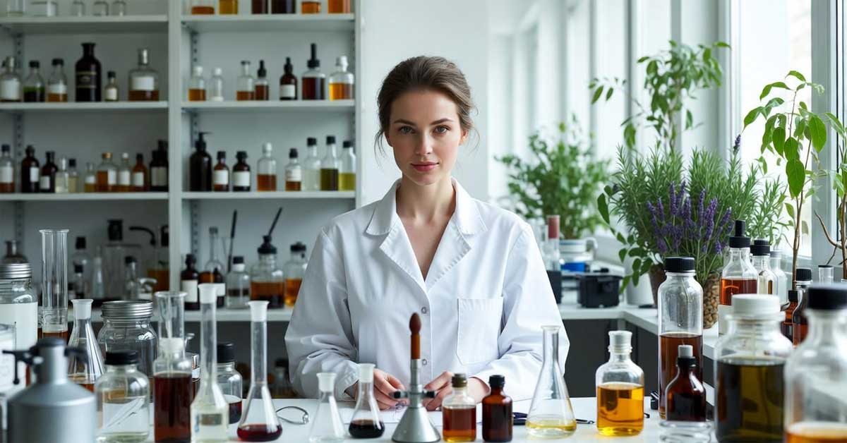 Female perfumer in white coat at fragrance lab with oils and plants