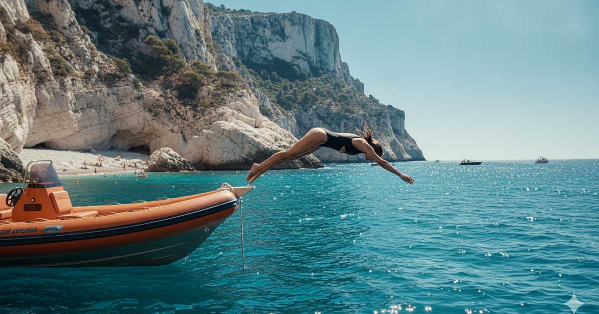 A woman dives into the sea from a boat.