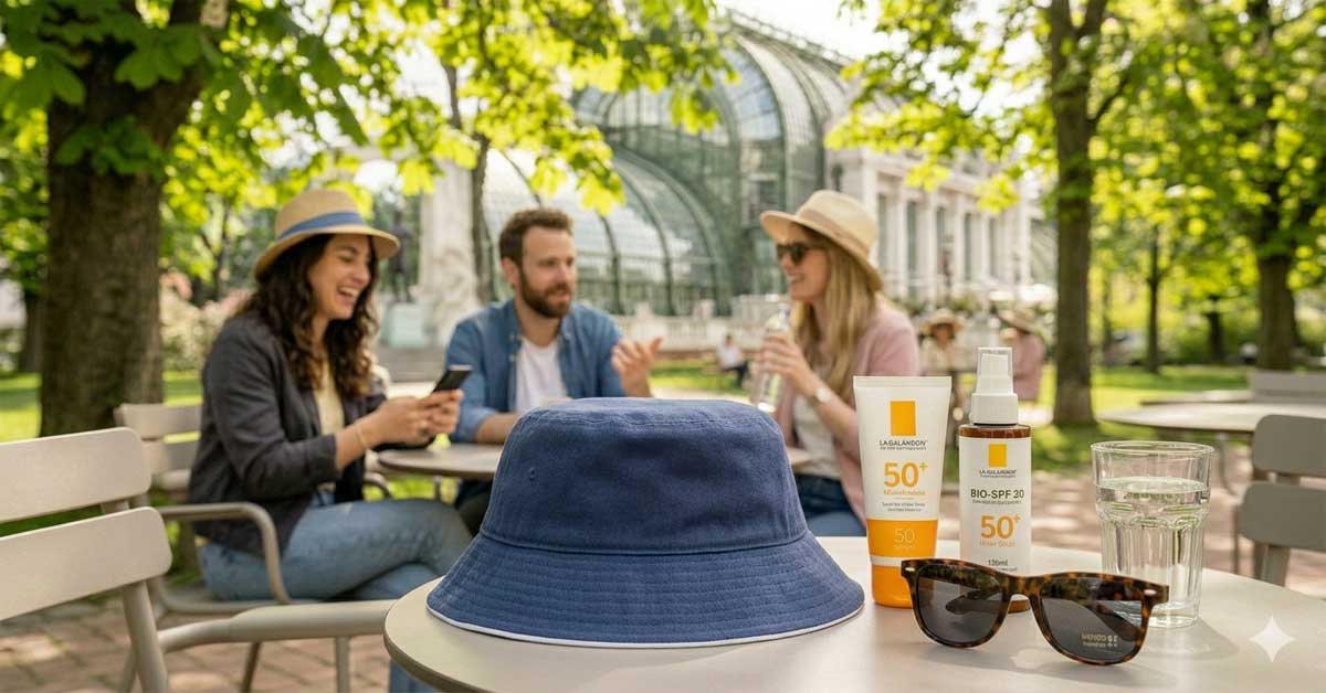 Straw hat, sunglasses, and SPF 50+ sunscreen rest on a table in a Viennese park.